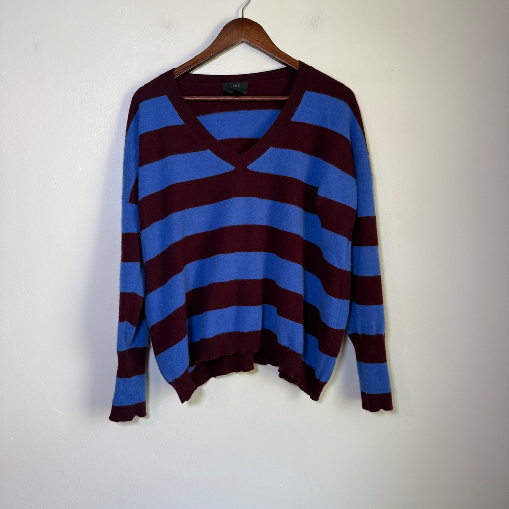 J.Crew Italian Cashmere Striped V-Neck Oversized Sweater Size L Burgundy Blue